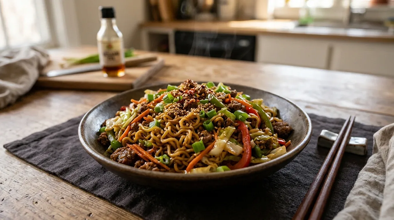 Ground beef ramen stir-fry with curly noodles, colorful vegetables, soy sauce, and green onion garnish.