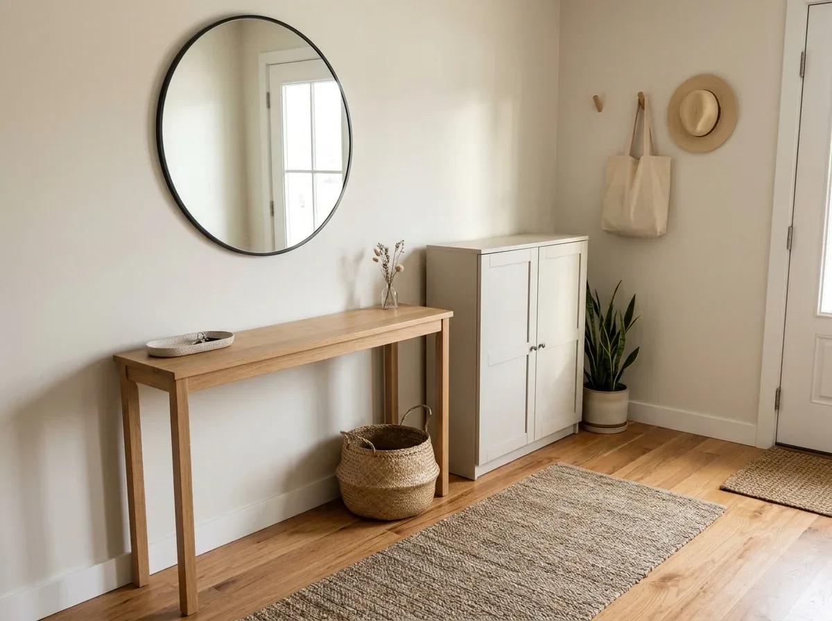 A clean, organized entryway with concealed storage, a clear console, and a tidy floor.