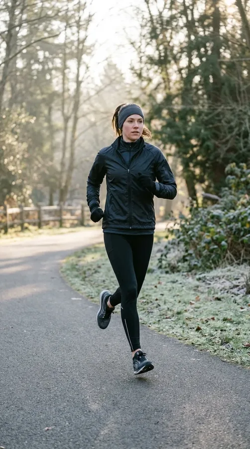 A layered running outfit with thermal tights and a wind-resistant jacket for cold-weather exercise.