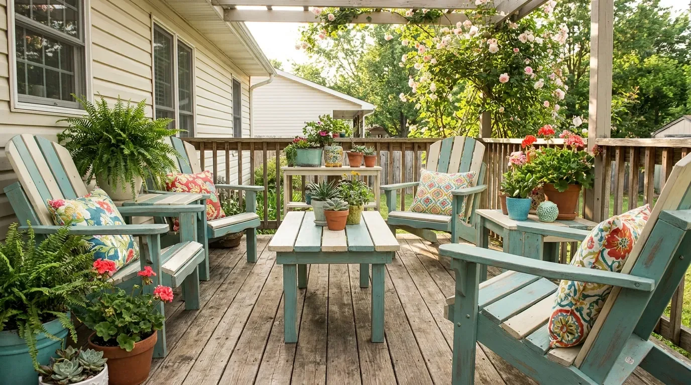 Flexible deck using folding outdoor furniture to save space