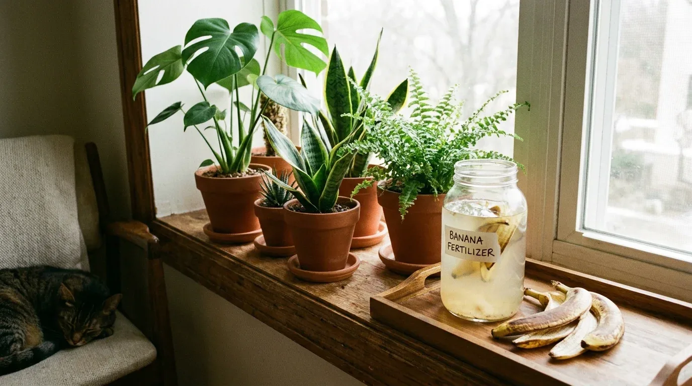 Balanced plant-care setup featuring banana water