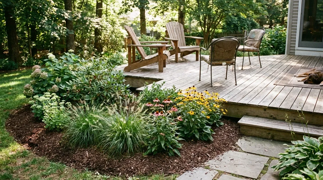 DIY deck planter box filled with herbs and greenery