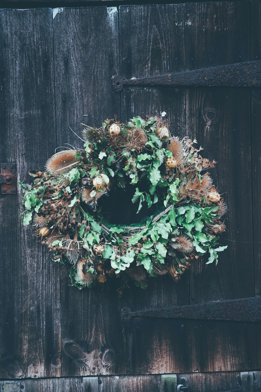 Wreath of dried leaves and seed heads on a rustic wooden door