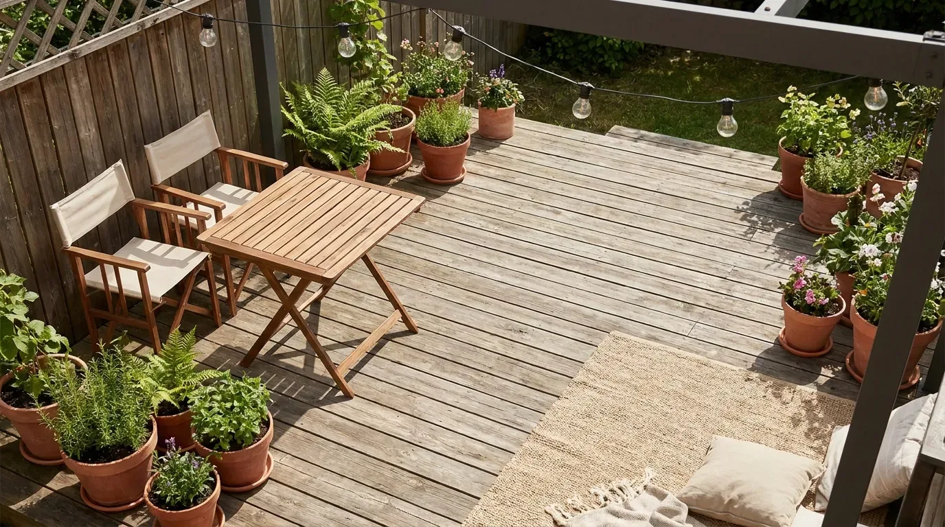 Backyard deck framed by mulch beds and layered plants