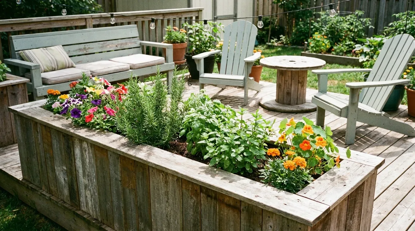 Minimalist backyard deck using coordinated neutral colors