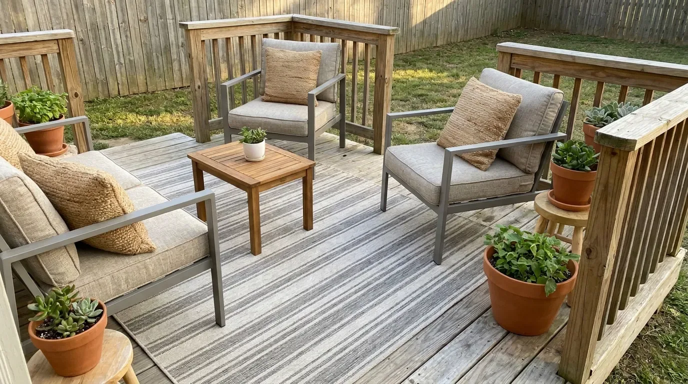 Finished backyard deck combining multiple affordable upgrades