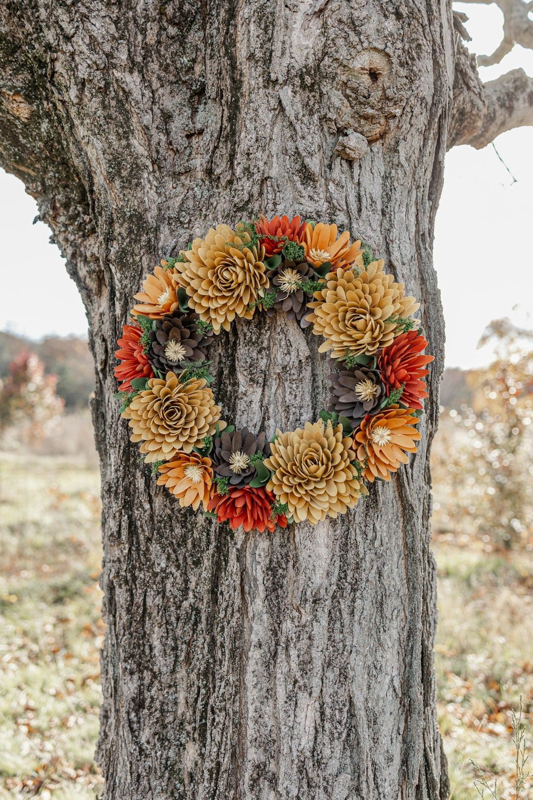 Handmade wood flower wreath with pinecones on a tree trunk