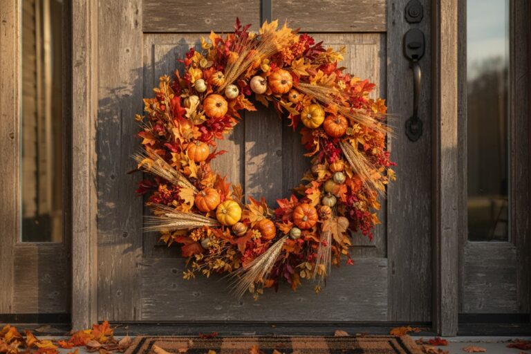 Fall harvest wreath with pumpkins, gourds and autumn leaves on a front door