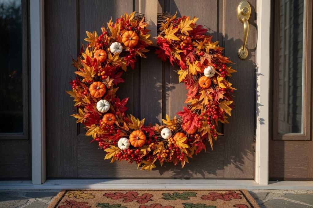 An autumn wreath made of colorful leaves, red berries, and small pumpkins hangs on a brown front door.