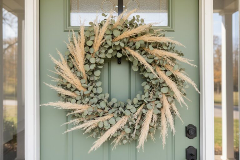 Minimalist fall wreath with dried eucalyptus and pampas grass on a sage green door