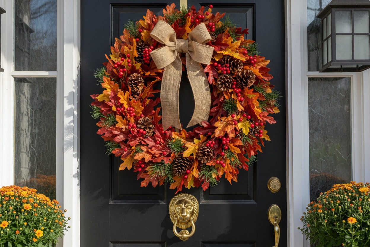 Fall wreath with red berries, pinecones and oak leaves on a black front door
