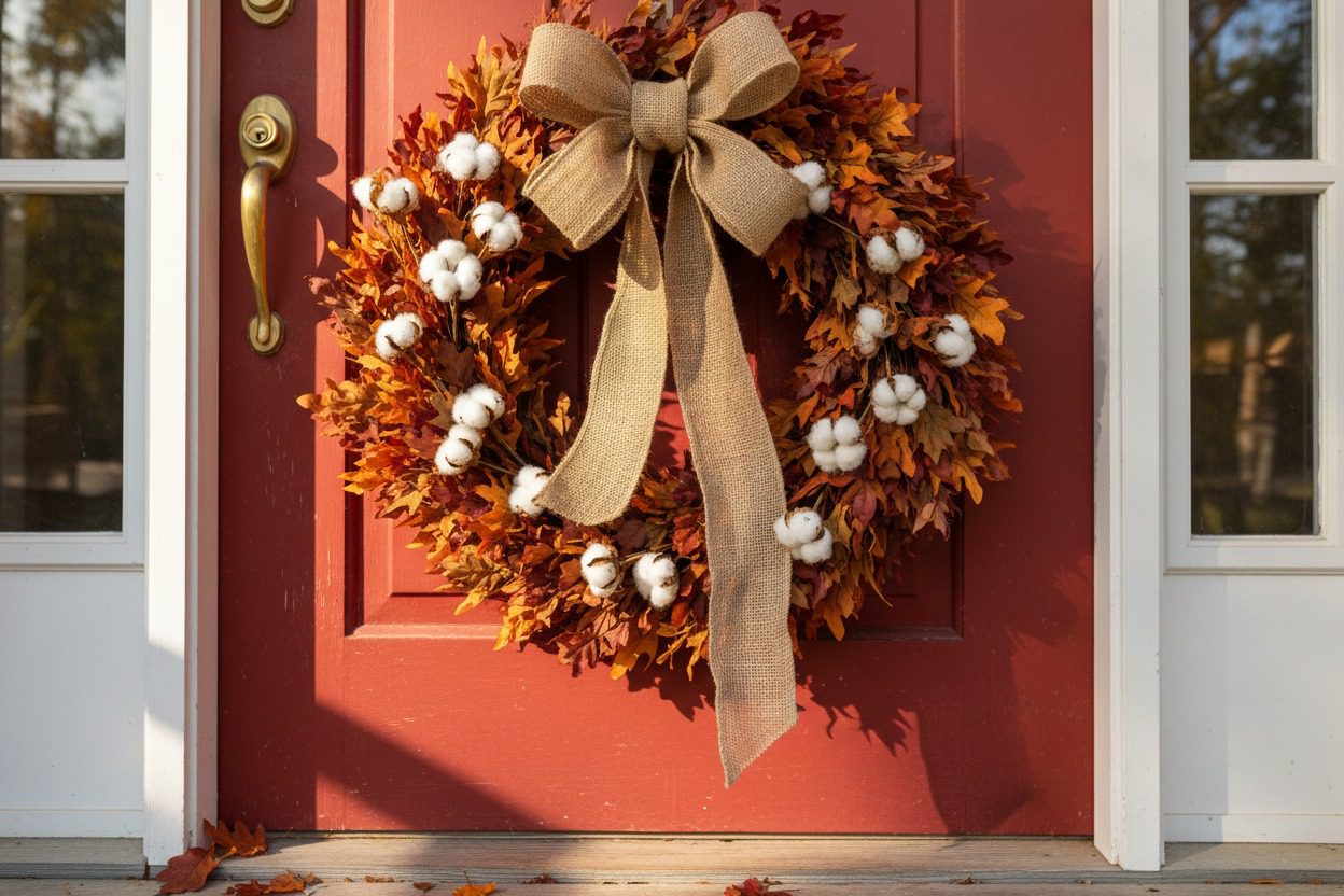 Farmhouse fall wreath with burlap bow and cotton stems on a red front door