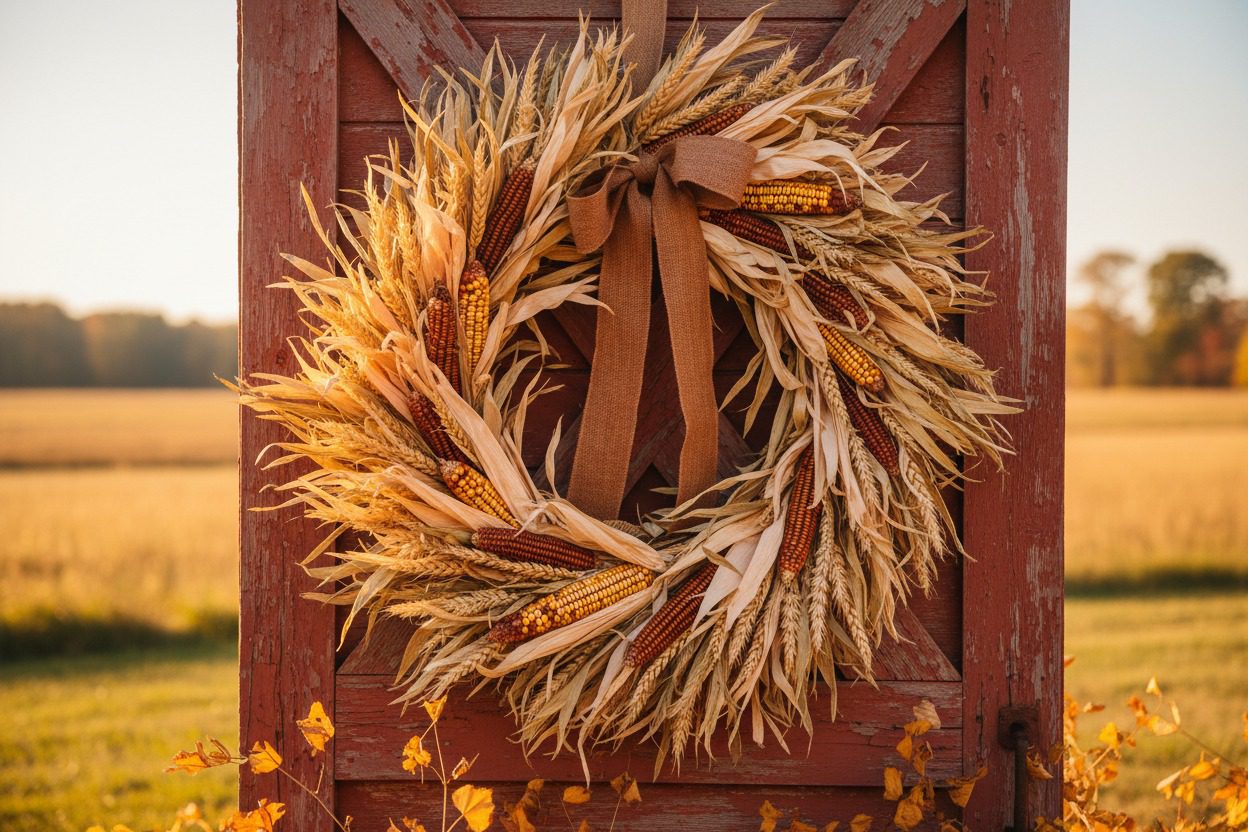 Rustic harvest wreath made of dried corn husks and wheat on a wooden barn door