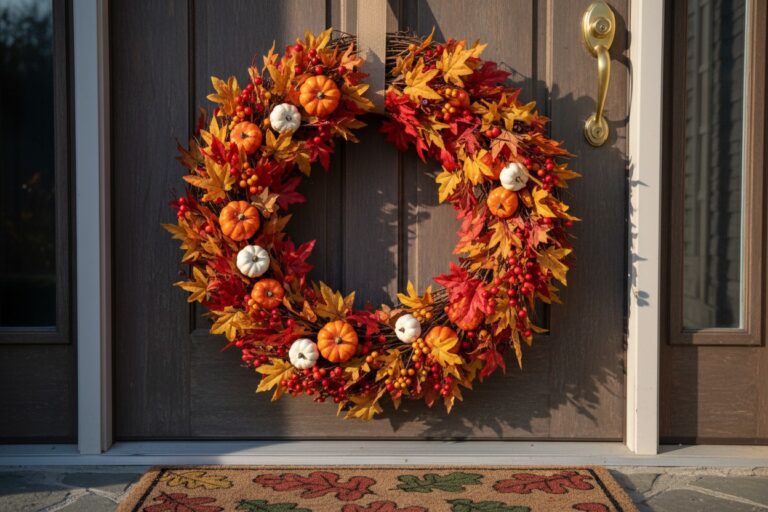 Classic grapevine fall wreath with autumn leaves, mini pumpkins and berries on a wooden front door
