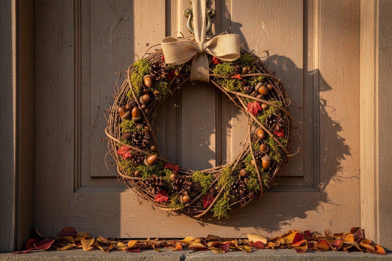 Woodland style fall wreath with twigs, acorns, moss and pinecones on a wooden door