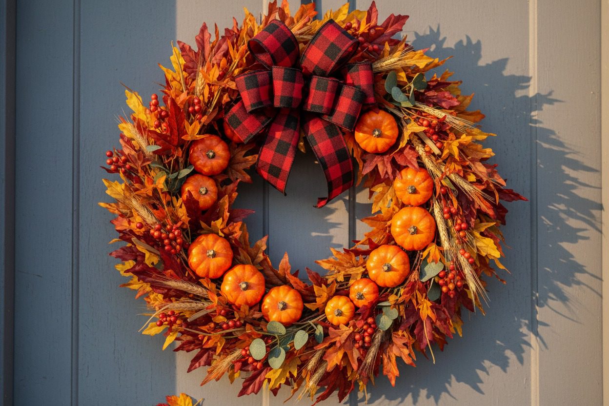 Fall wreath with red and black buffalo plaid bow, mini pumpkins and foliage on a grey door